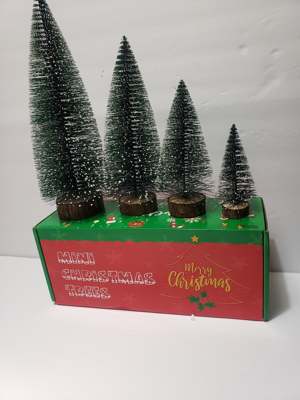NEW! Set Of 4 MERRY CHRISTMAS Mini Christmas Bottlebrush Trees